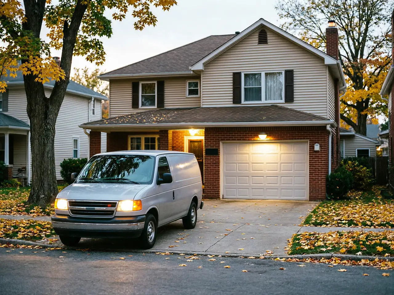 A light-colored service van is parked in a driveway in front of a house.