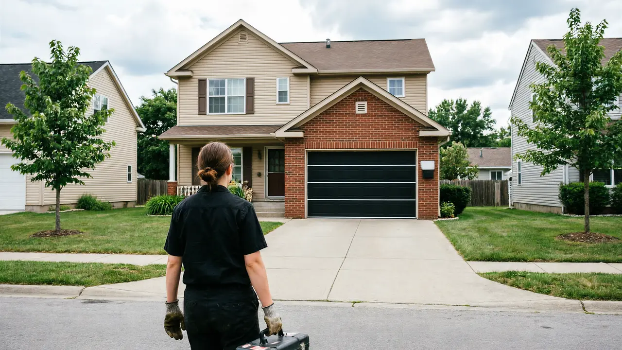 A technician carrying a toolbox walks toward a two-story house with a black garage door.
