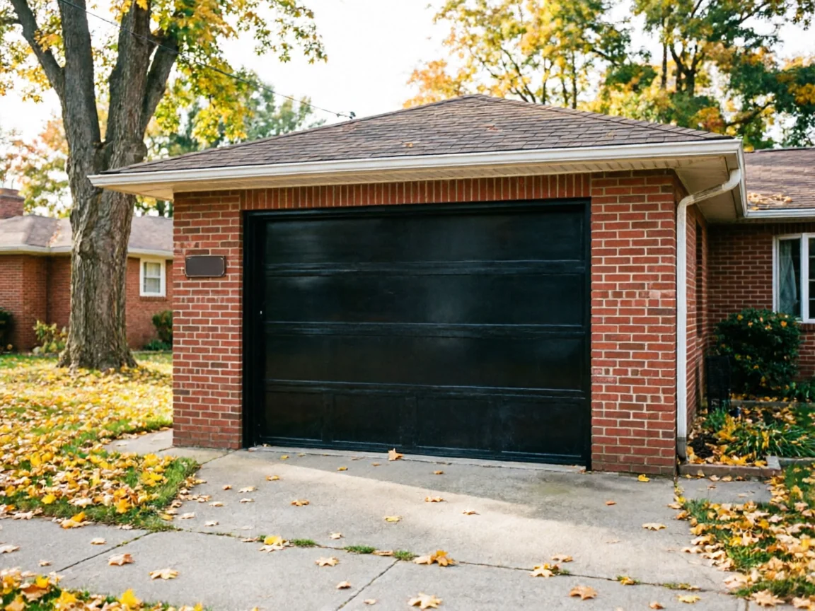 A black garage door is on a brick garage with autumn leaves on the ground.