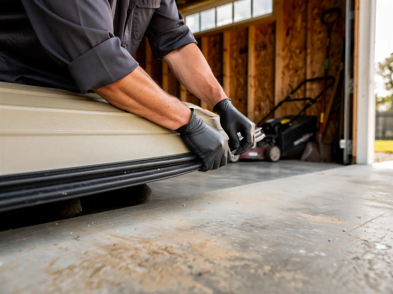 A technician wearing black gloves works on the bottom of a tan garage door.